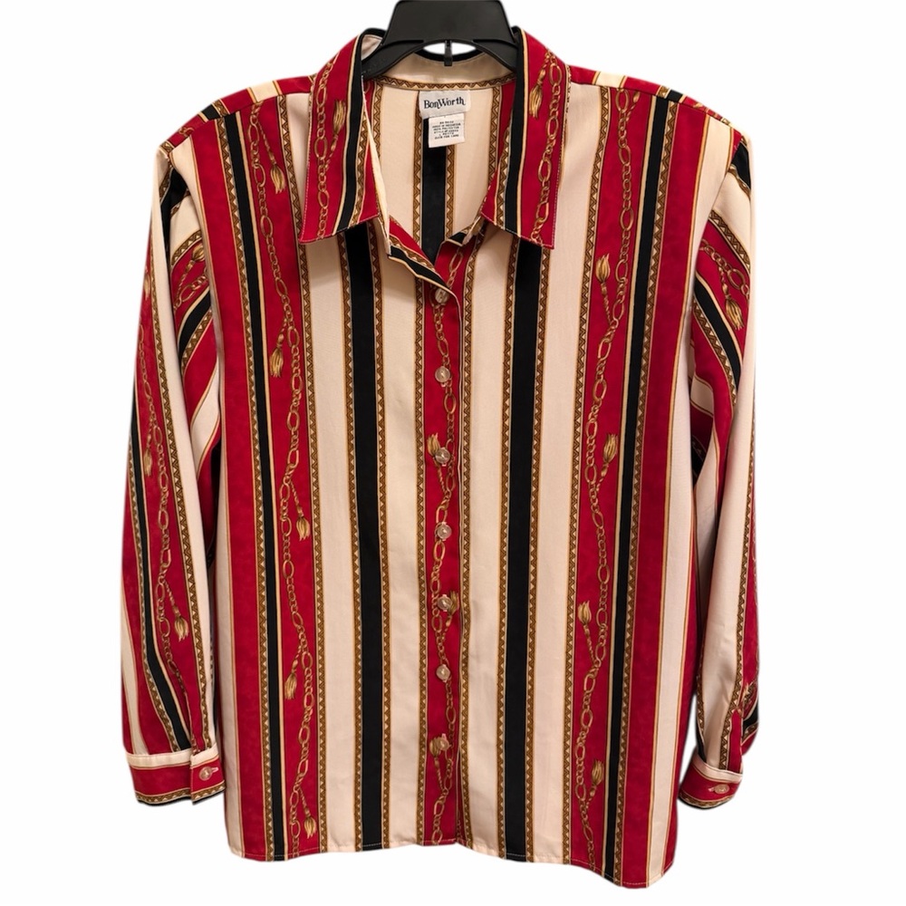 VTG BonWorth Women Baroque Chain Stripe Blouse LongSleeve Padded Shoulders Sz PL